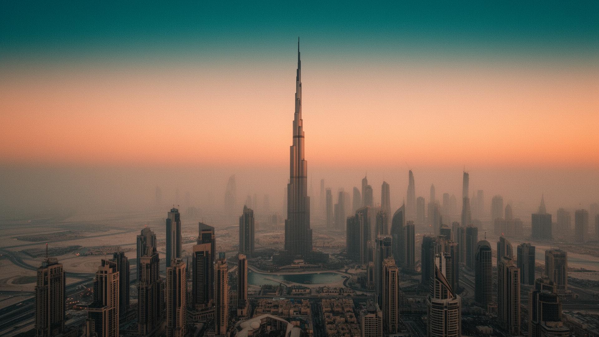 Dubai skyline at golden hour with the Burj Khalifa