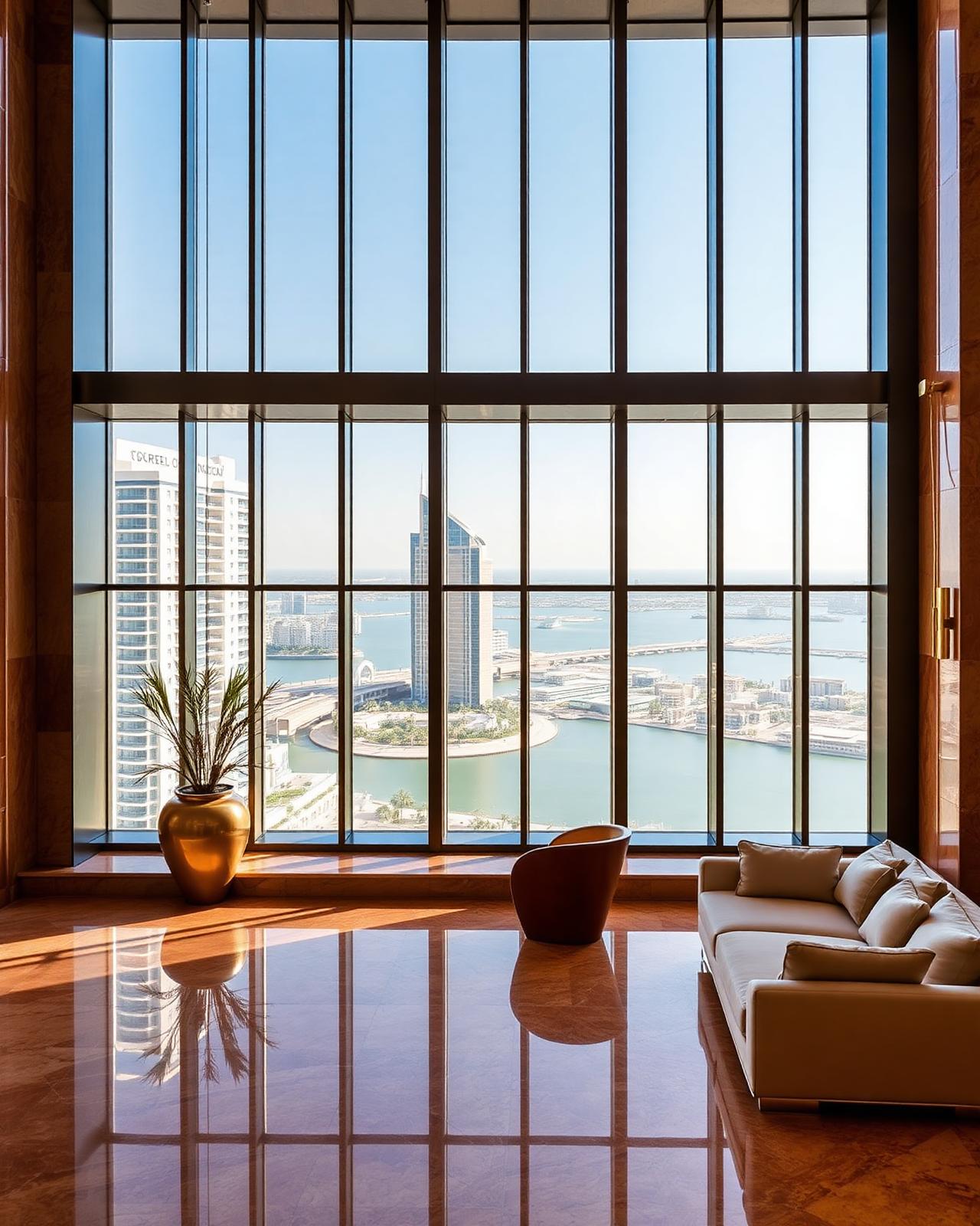 Luxury penthouse interior overlooking Dubai Marina